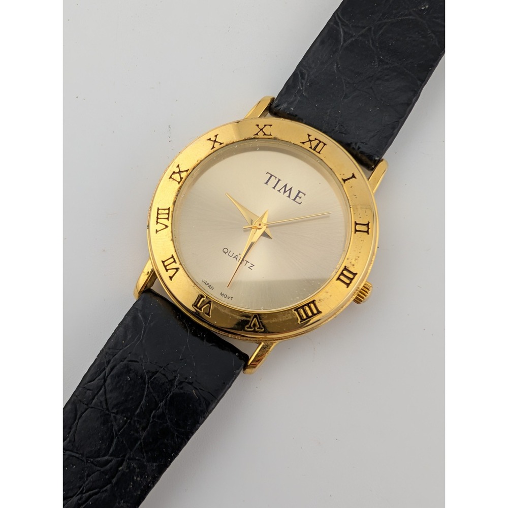 TIME Magazine Watch Men 33mm Gold Case Leather Band- New Battery